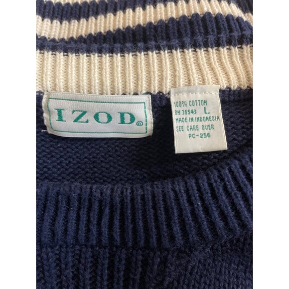 IZOD Vintage 90s Mens Size Large Blue/Cream Striped Long Sleeve Crewneck Sweater - Picture 8 of 10